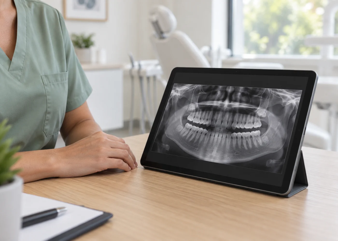 Hands holding a tablet displaying a panoramic dental X-ray
