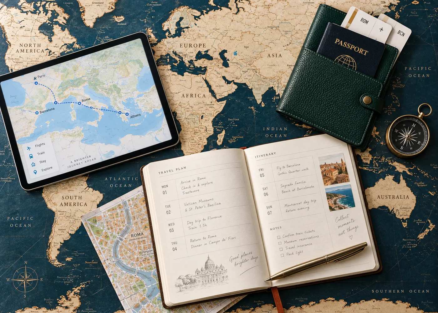 Passport, planner and map arranged for travel planning